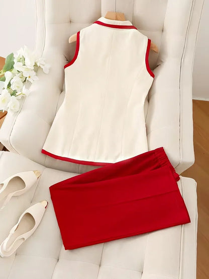 2-Piece Contrast Collar Blazer and Pencil Skirt Set Boosts Workplace Confidence
