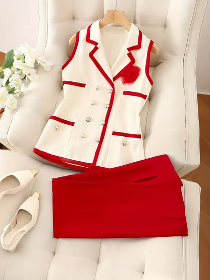 2-Piece Contrast Collar Blazer and Pencil Skirt Set Boosts Workplace Confidence